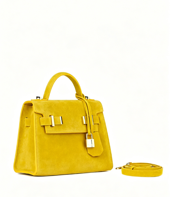Vibrant Yellow Suede Structured Satchel Handbag