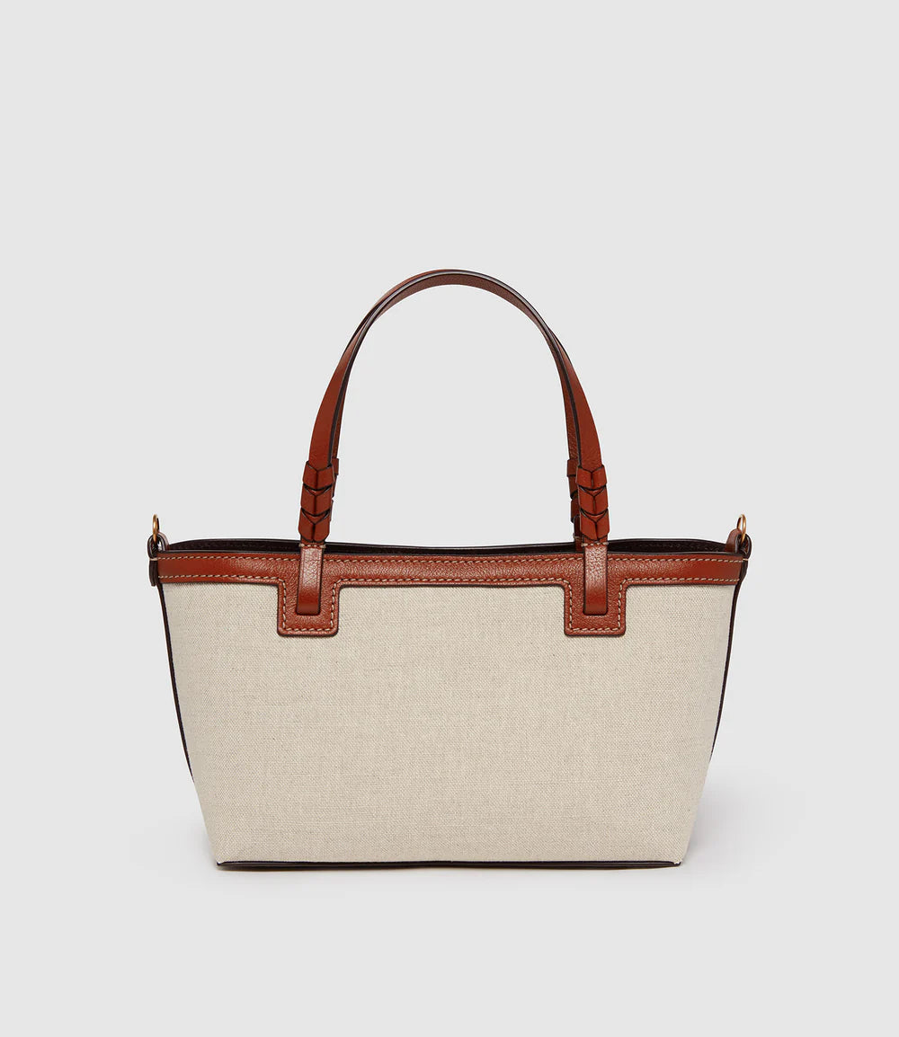 Two-Tone Linen Leather Trim Mini Tote Handbag