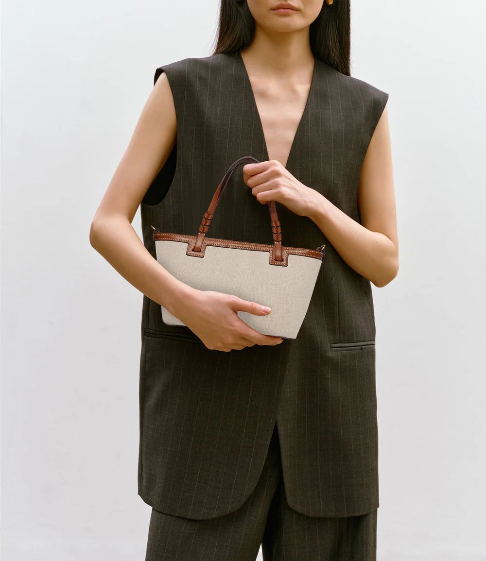 Two-Tone Linen Leather Trim Mini Tote Handbag