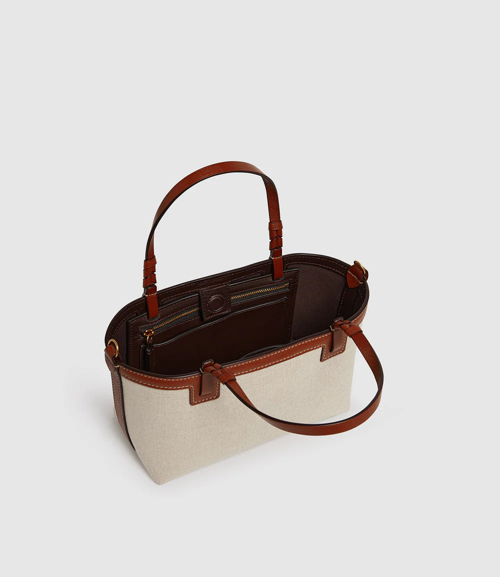 Two-Tone Linen Leather Trim Mini Tote Handbag
