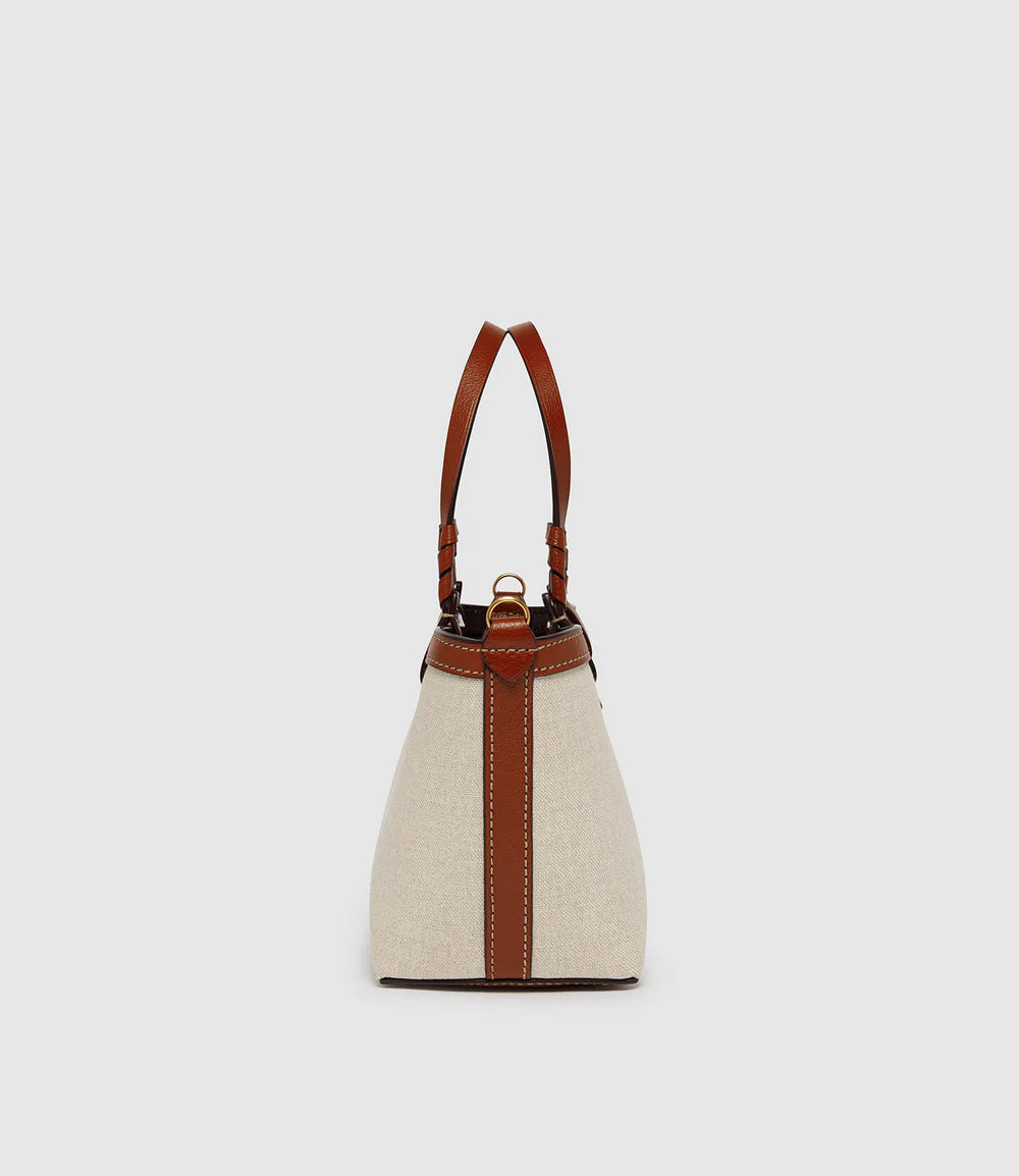 Two-Tone Linen Leather Trim Mini Tote Handbag